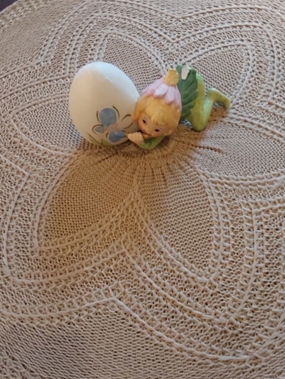 Bisque Pixie Fairy Figurine Painting an Easter Egg - Vintage